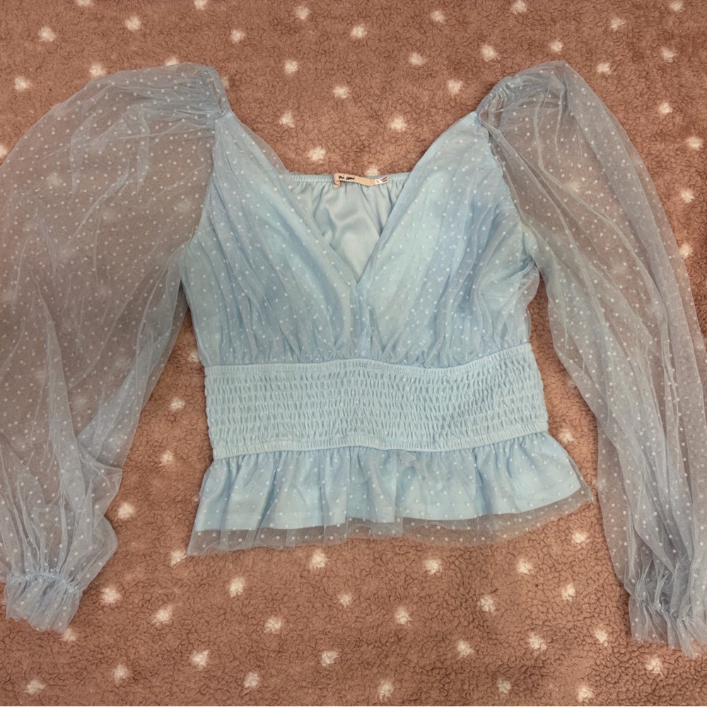 miami Light Blue Sheer Puff Sleeve Peplum Top